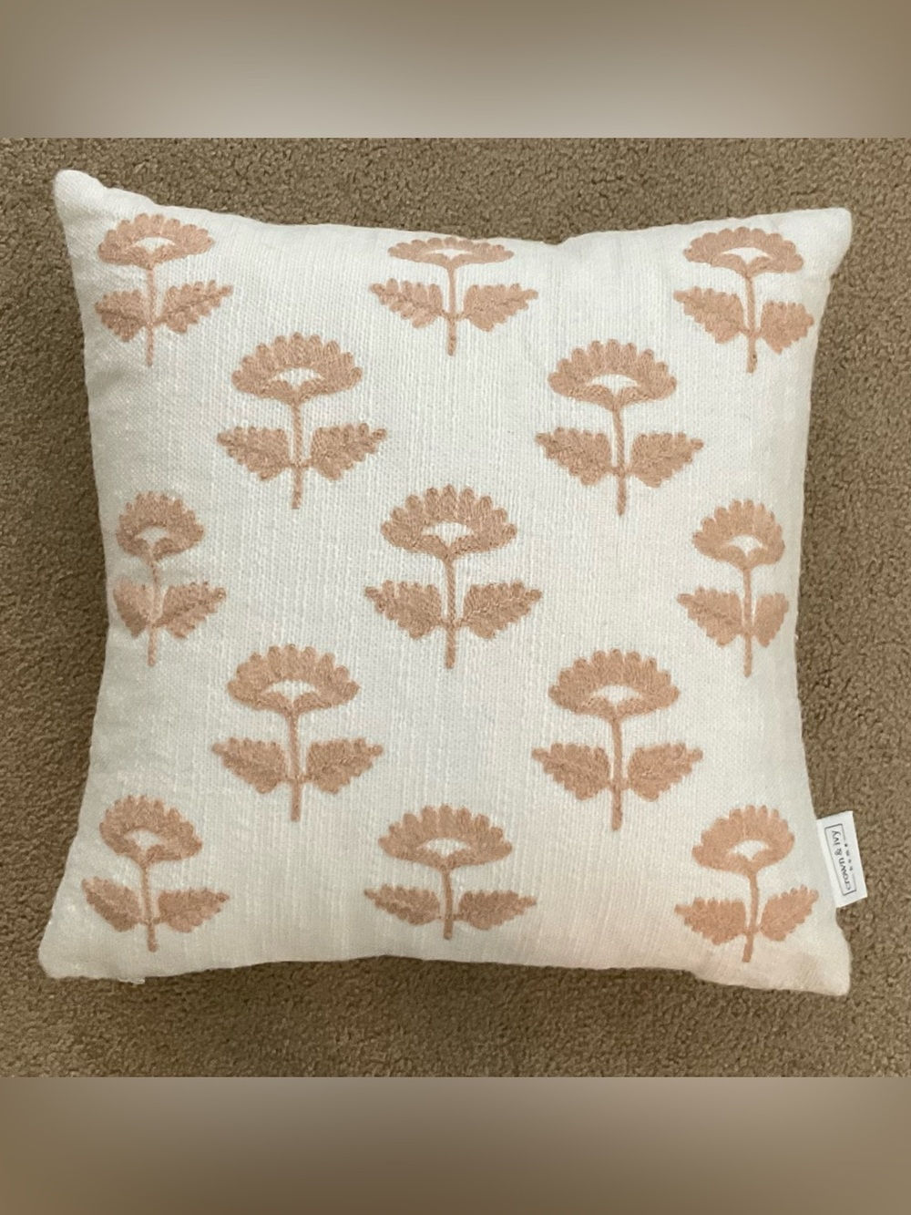 Crown & Ivy Cream Decorative Flower Embroidered Pillow